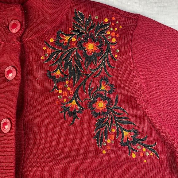 BOB MACKIE Cardigan EMBROIDERED Red Button Up LONG Sweater! FLORAL ART Sz 1X - Picture 5 of 16